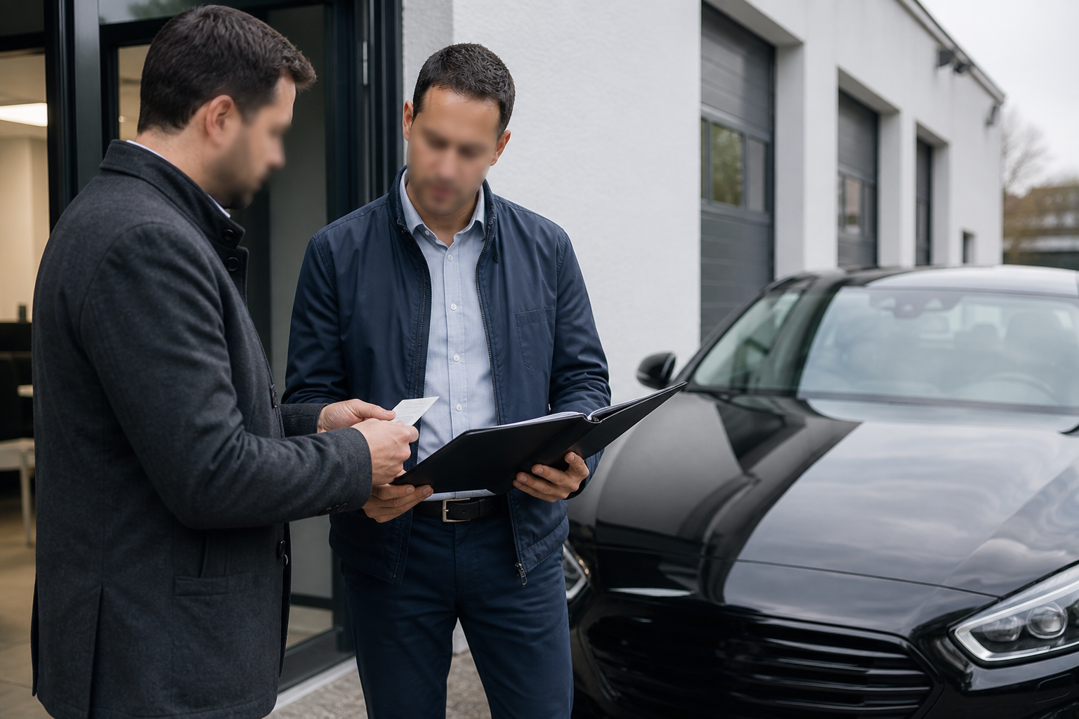 dirigeante remettant un dossier d'accueil à un chauffeur devant un véhicule neutre