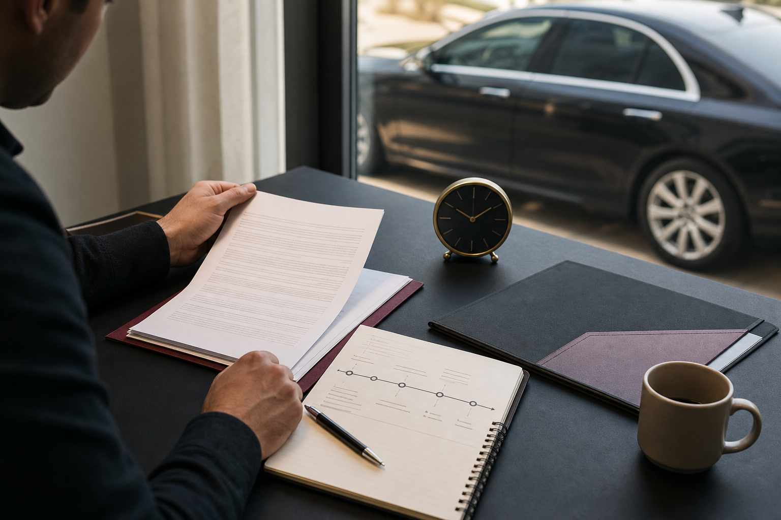 horloge, clause de contrat et panneau de prudence sobre