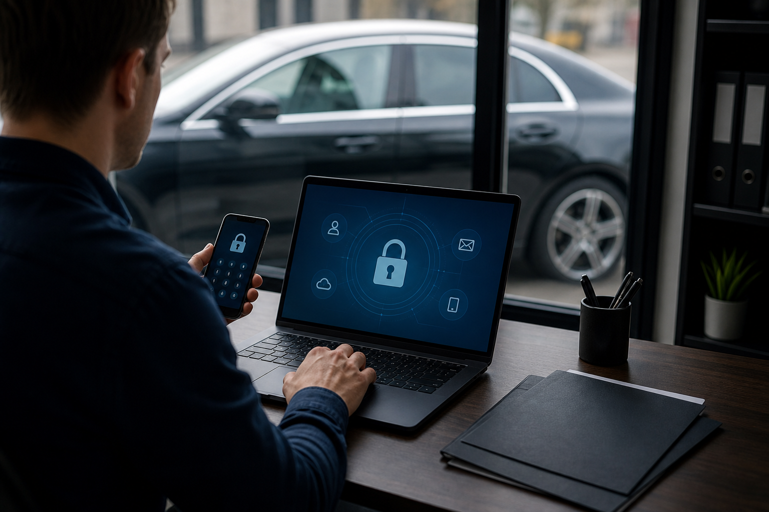smartphone avec alerte de sécurité et documents protégés, aucune marque