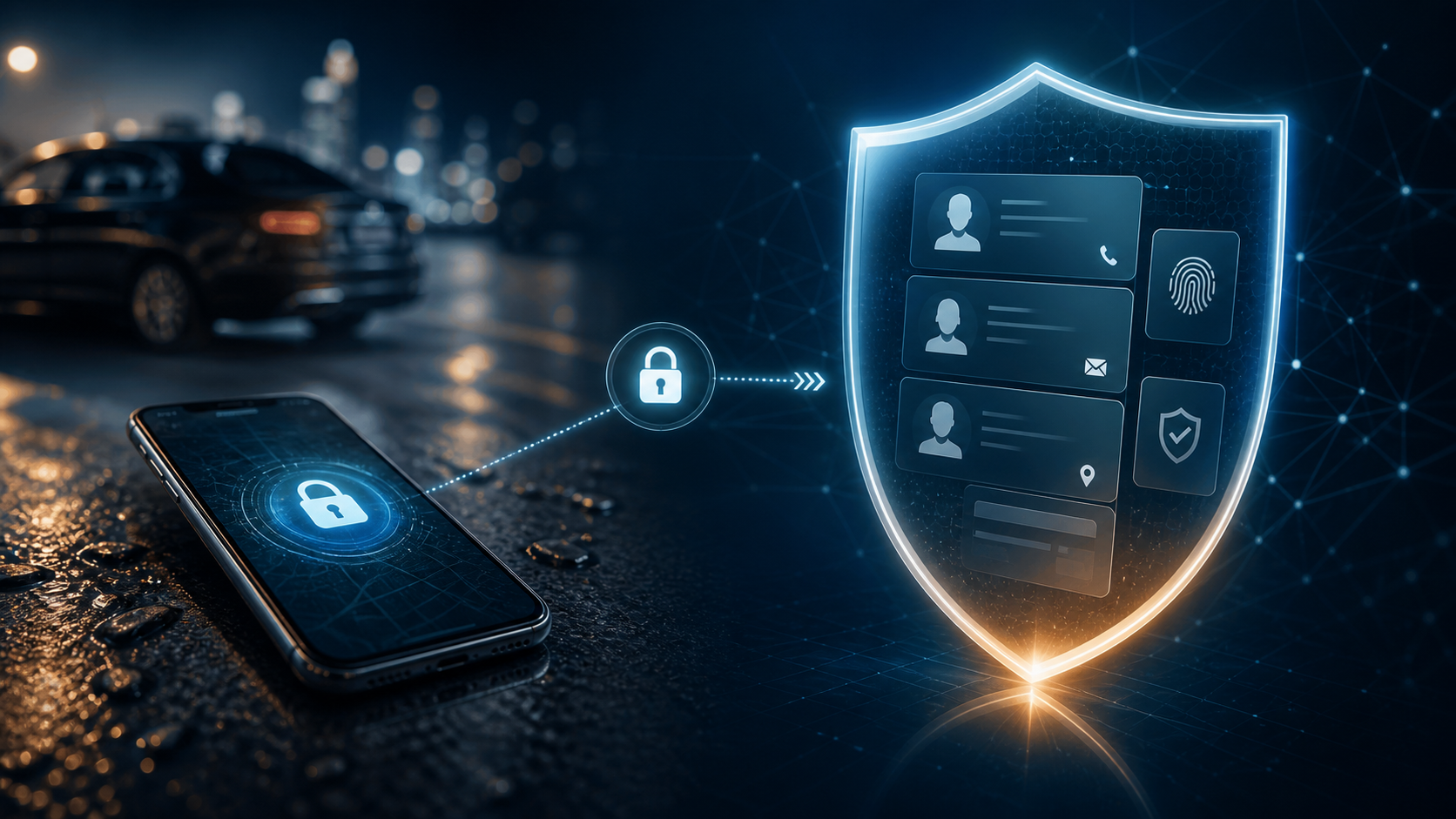 smartphone verrouillé à distance et données clients représentées par des cartes anonymes