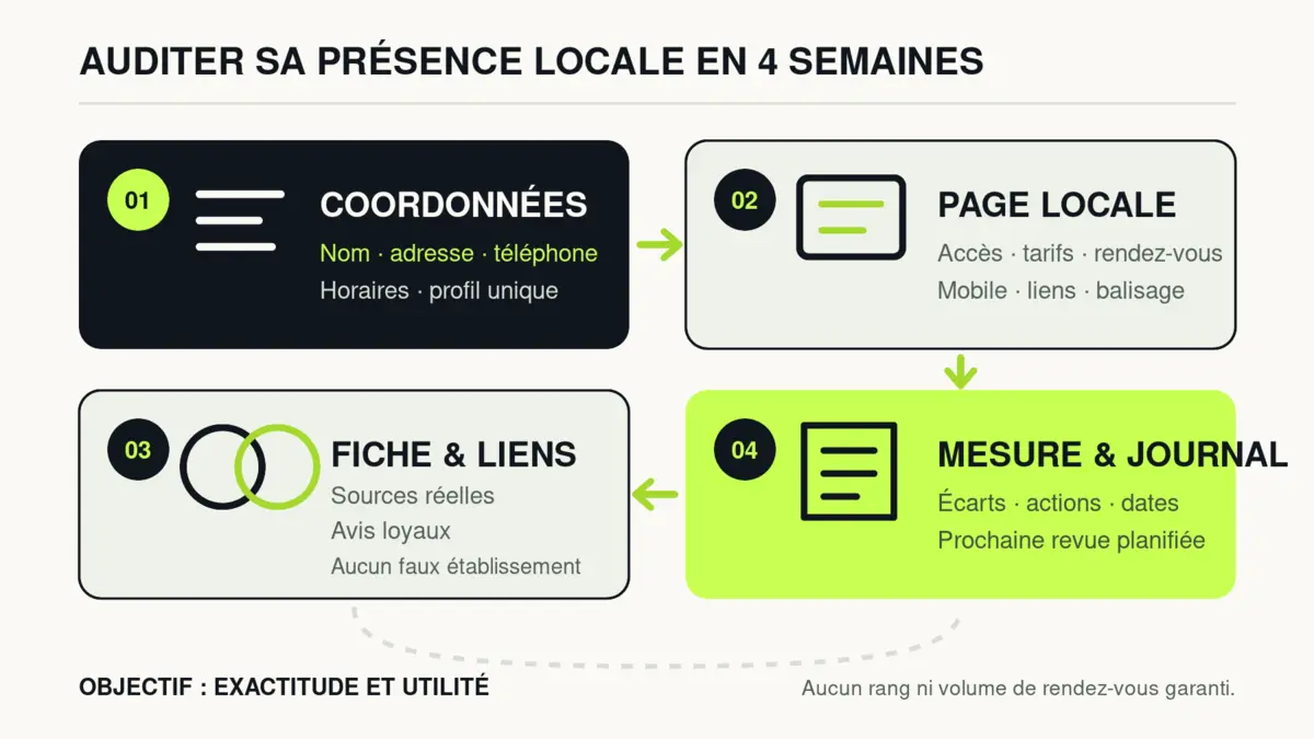 Cycle mensuel en quatre étapes pour auditer les coordonnées, la page locale, la fiche et les mesures