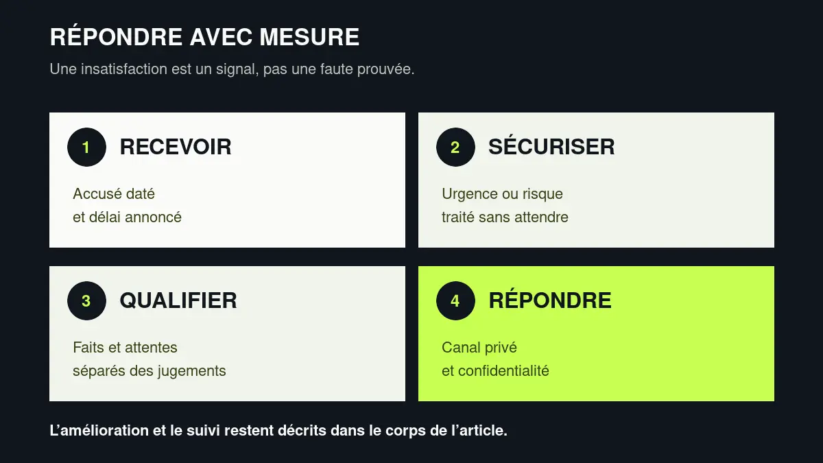 Protocole en quatre étapes : recevoir la demande, sécuriser une urgence, qualifier les faits et répondre dans un canal privé