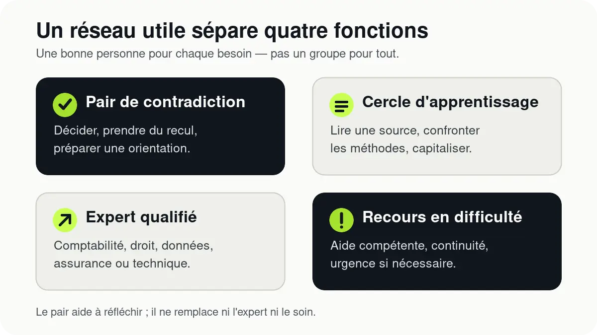 Les quatre appuis d’un réseau utile : pair, cercle d’apprentissage, expert et recours en difficulté