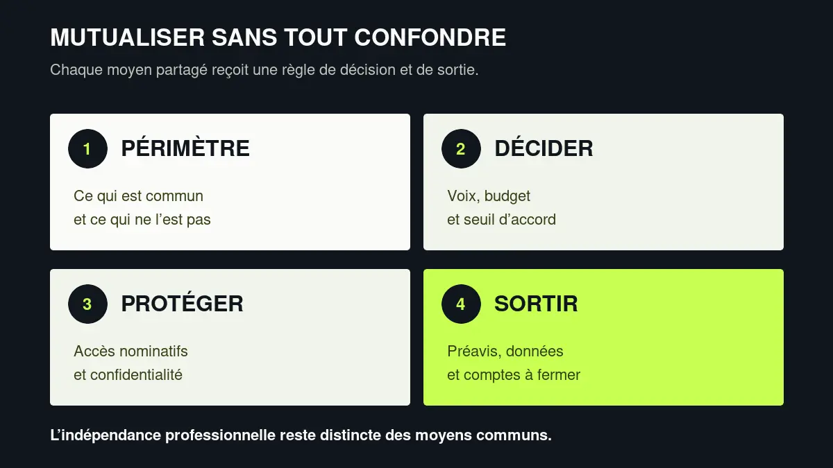 Quatre accords encadrent la mutualisation : périmètre, décision, protection et sortie