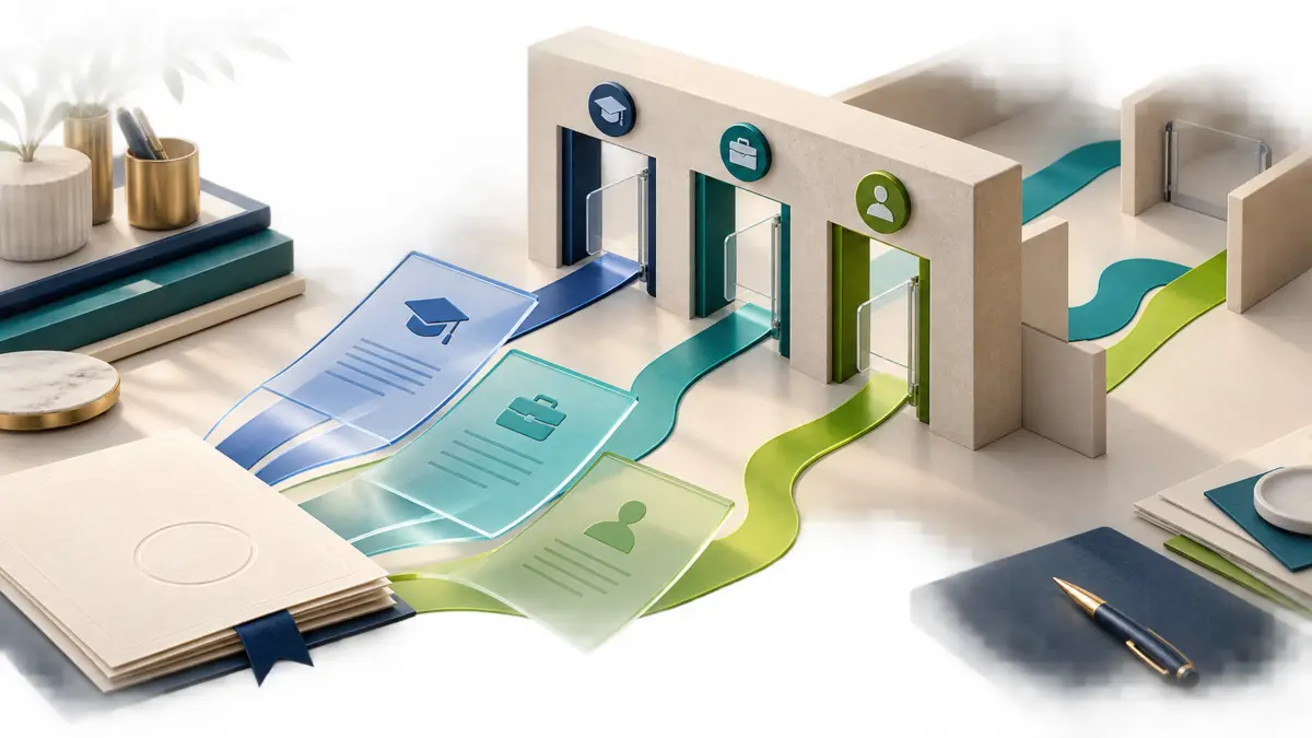 Trois documents transparents empruntent des voies distinctes vers des portes séparant comparaison académique, autorisation professionnelle et usage du titre