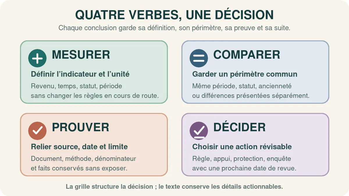 Grille en quatre étapes pour analyser les conditions d’exercice : mesurer, comparer, prouver et décider