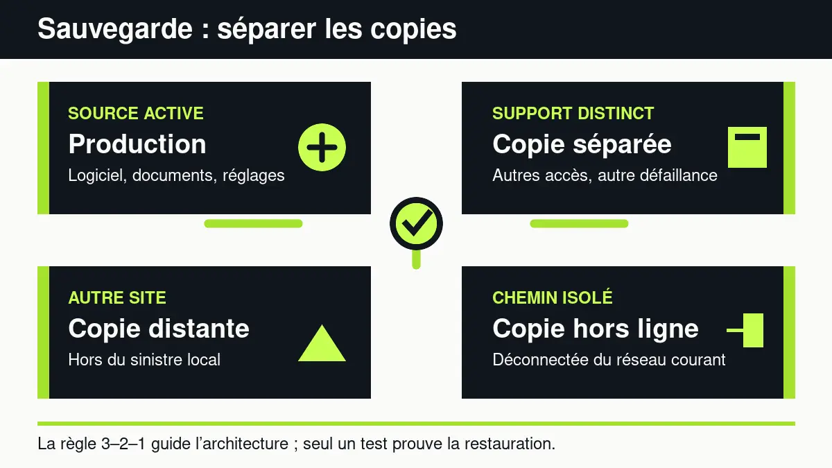 Architecture distinguant production, copie séparée, copie distante et copie hors ligne