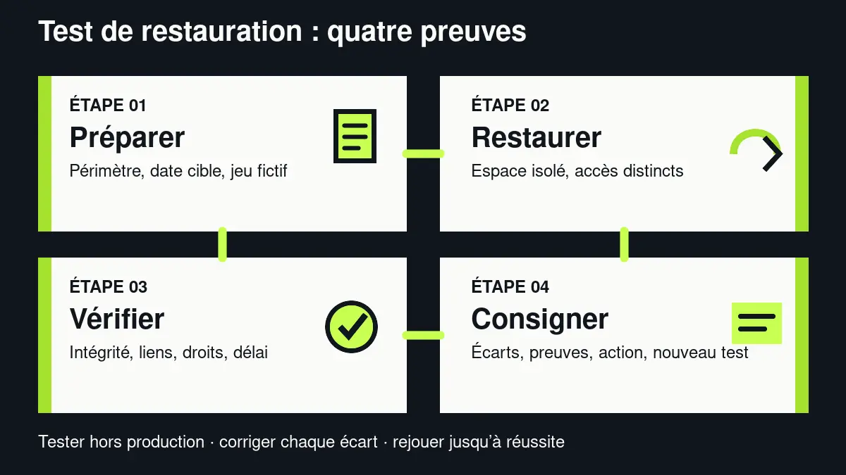 Protocole de test de restauration en quatre étapes : préparer, restaurer, vérifier et consigner