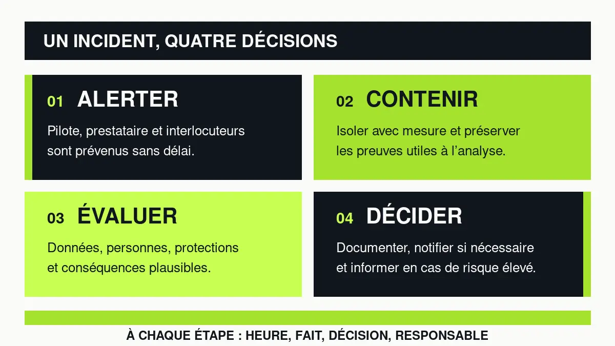 Cycle en quatre décisions pour un incident : alerter, contenir, évaluer et décider