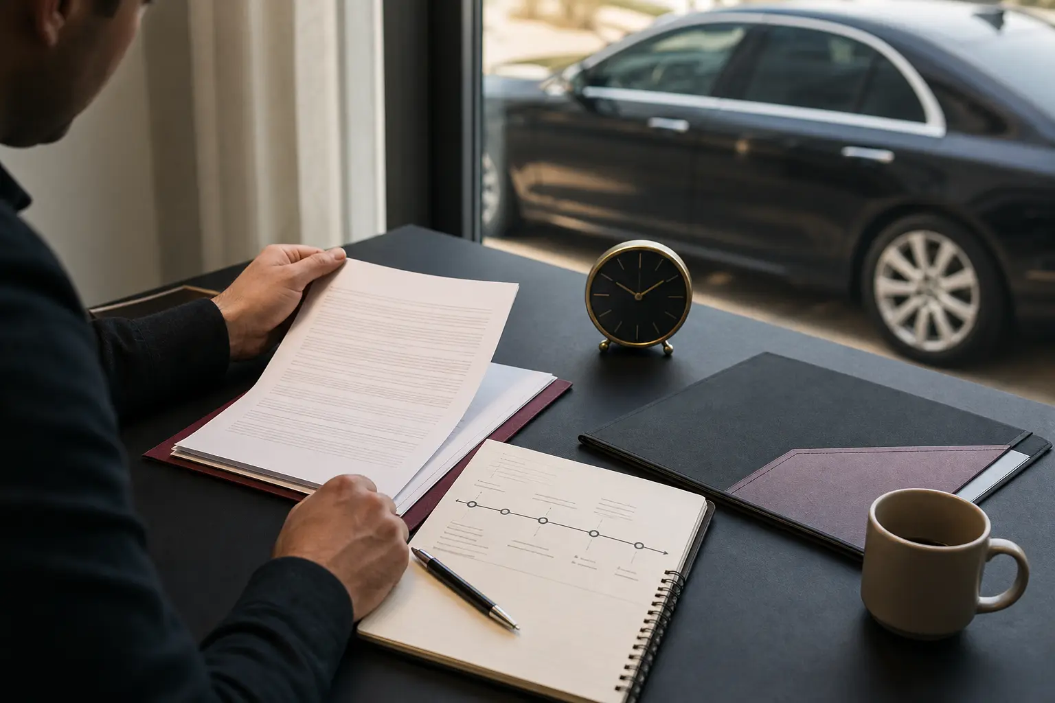 horloge, clause de contrat et panneau de prudence sobre