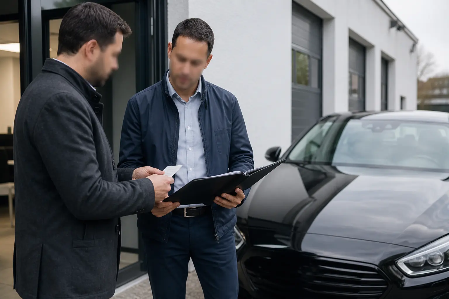 dirigeante remettant un dossier d'accueil à un chauffeur devant un véhicule neutre