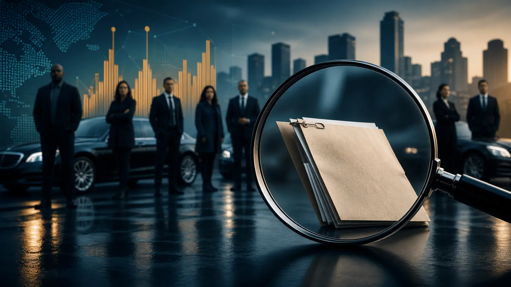 groupe abstrait de chauffeurs et loupe sur un dossier individuel