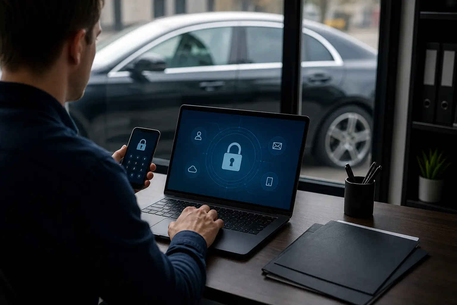 smartphone avec alerte de sécurité et documents protégés, aucune marque