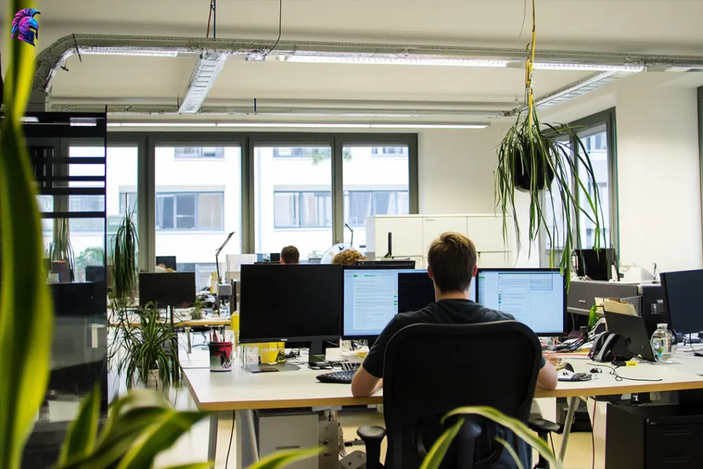 Postes de travail et écrans dans un bureau partagé