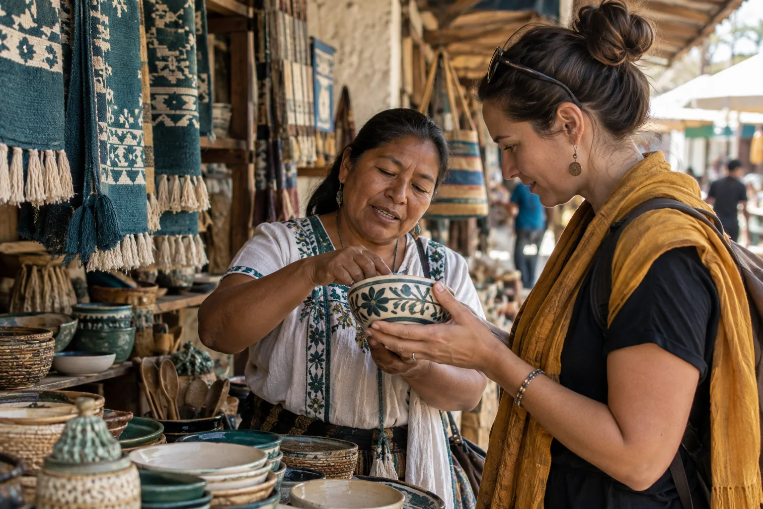 A visitor seated with an artisan while observing a handmade object during a respectful exchange