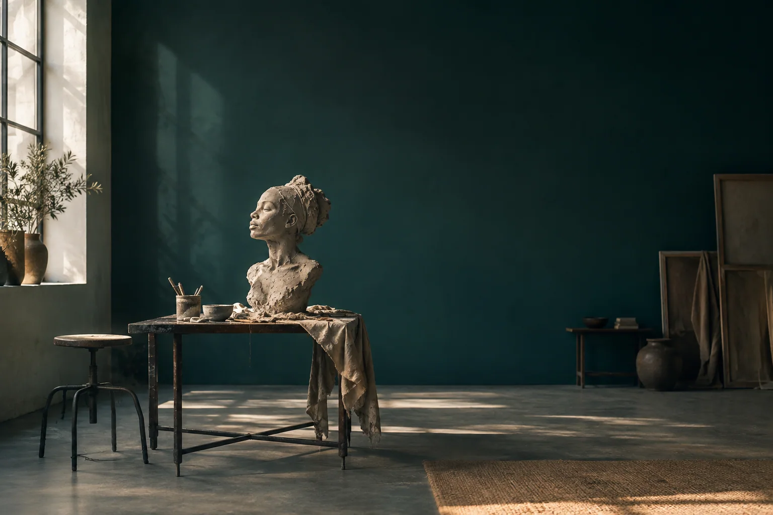 A person sitting beside a window with a notebook closed while afternoon light crosses a quiet workspace