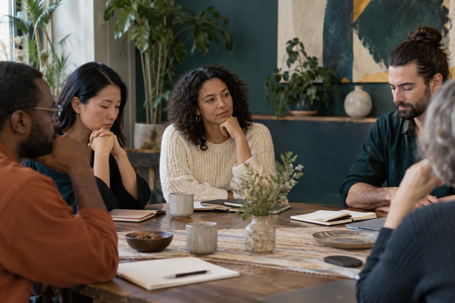 A diverse project team quietly writing separate notes around a shared table before discussion