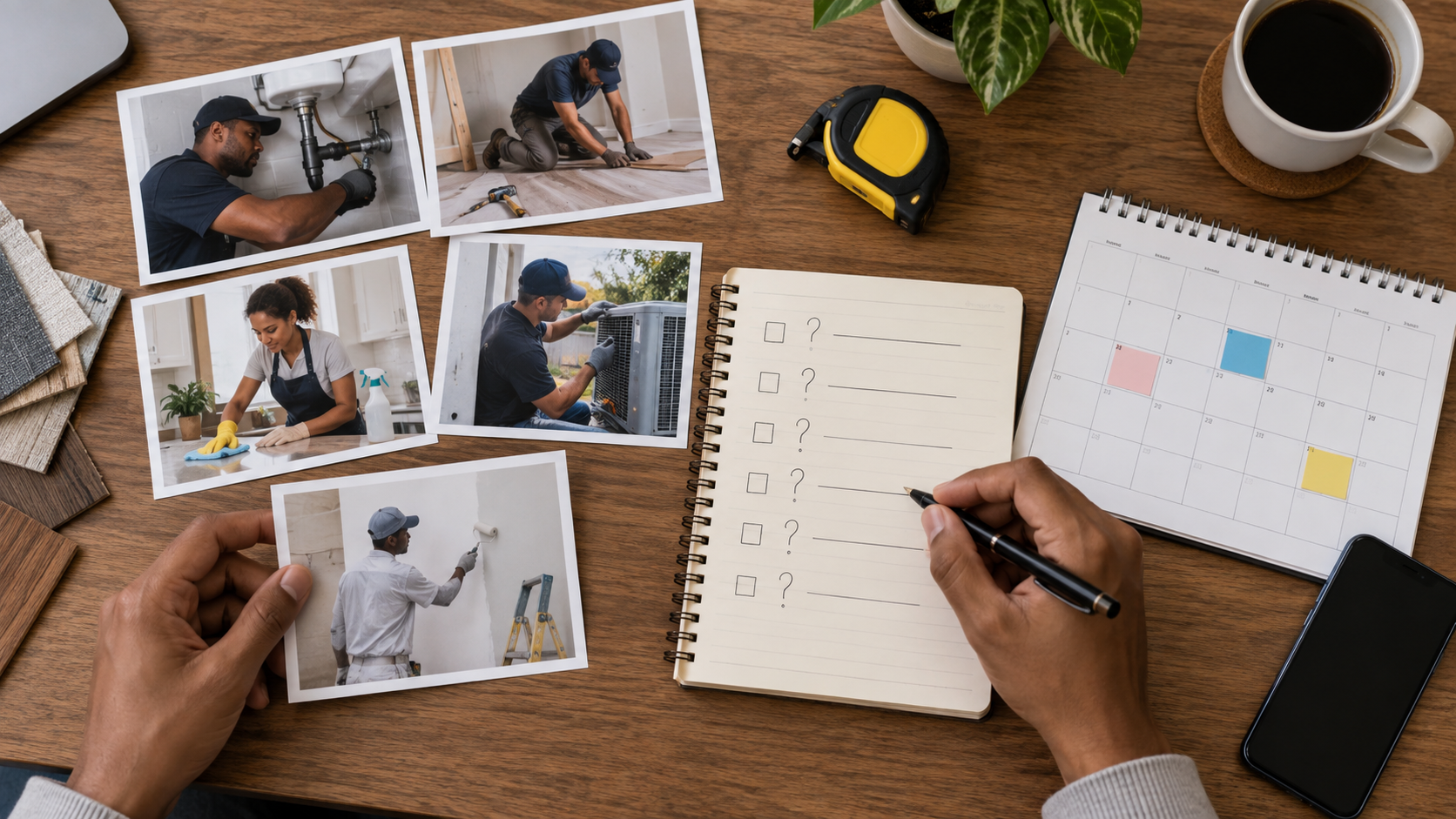 Five photos of jobs laid out on a table — plumbing, floor laying, maintenance, air conditioning and painting — next to a notebook in which a hand is writing a list of questions.