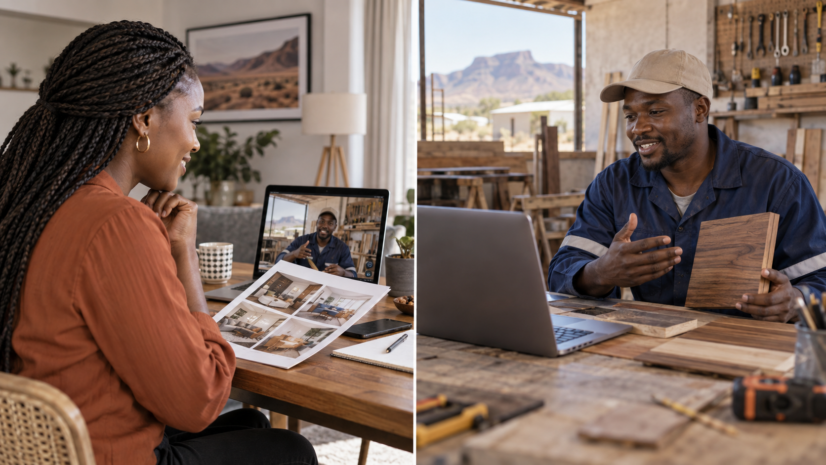 On a video call, a craftsperson in a workshop shows a wood sample to a woman at home who is comparing printed photos of interiors.