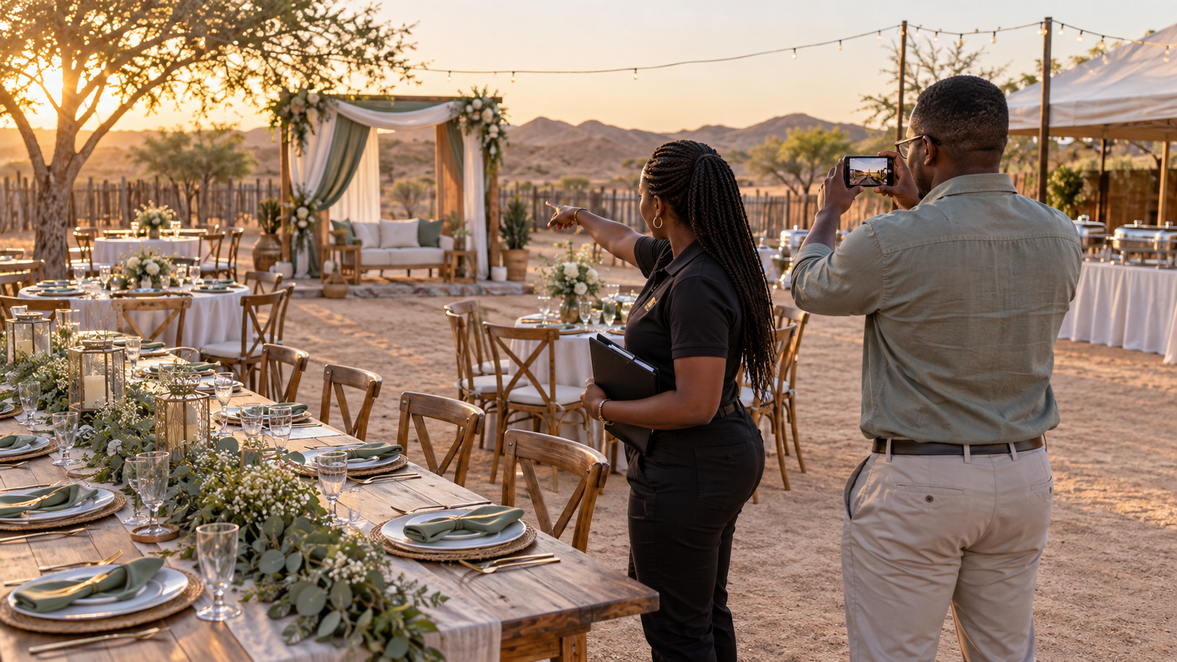 At sunset, a woman holding a folder points at tables set for an outdoor dinner while a man photographs the set-up with his phone.