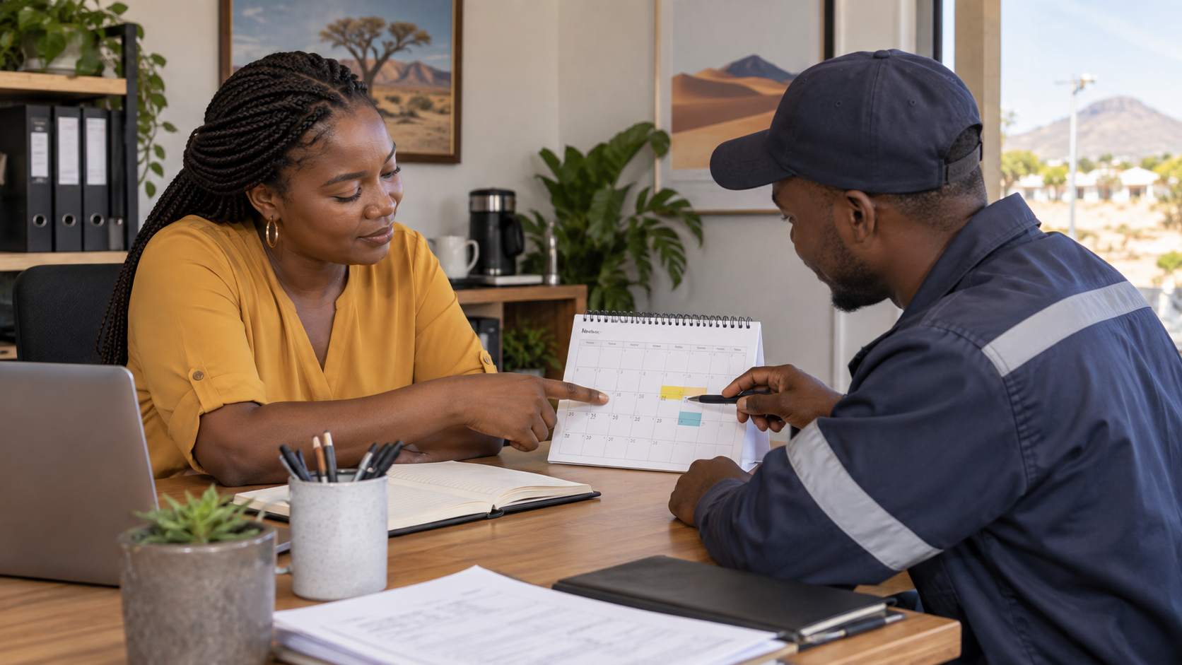 A woman and a technician in work clothes sit facing each other at a desk, both pointing to a date on a desk calendar.