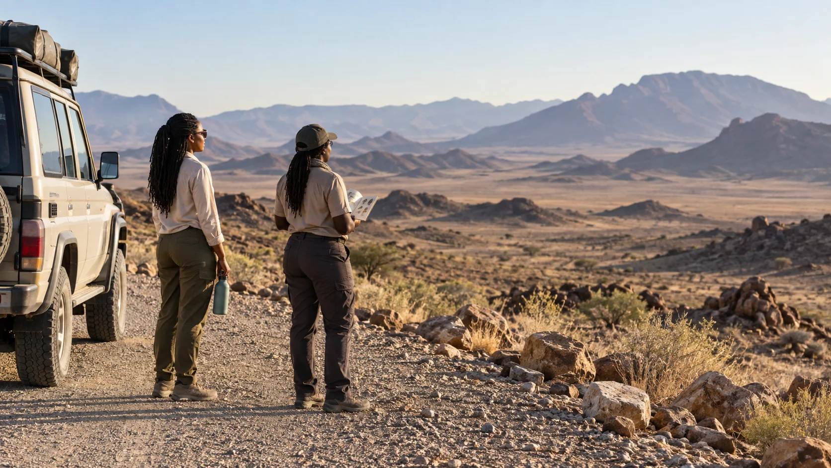 Two women pause beside a four-wheel-drive vehicle at a gravel-road viewpoint in an arid Namibian landscape
