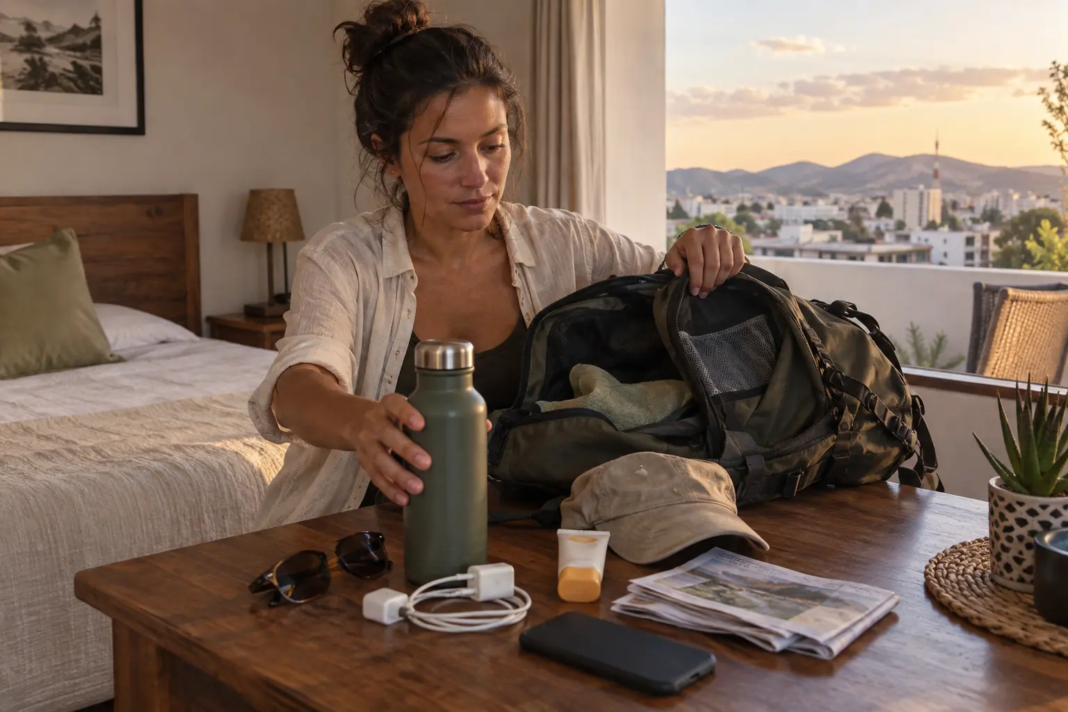 Reizigster zet haar drinkfles neer en pakt op een tafel in een kamer haar rugzak uit, naast een oplader, zonnebrand en een telefoon.