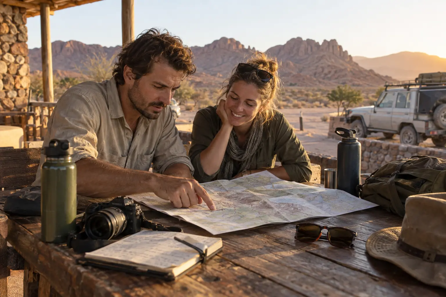 Voyageurs préparant leur route dans le Damaraland autour d'une carte, avec sacs, eau et véhicule en arrière-plan