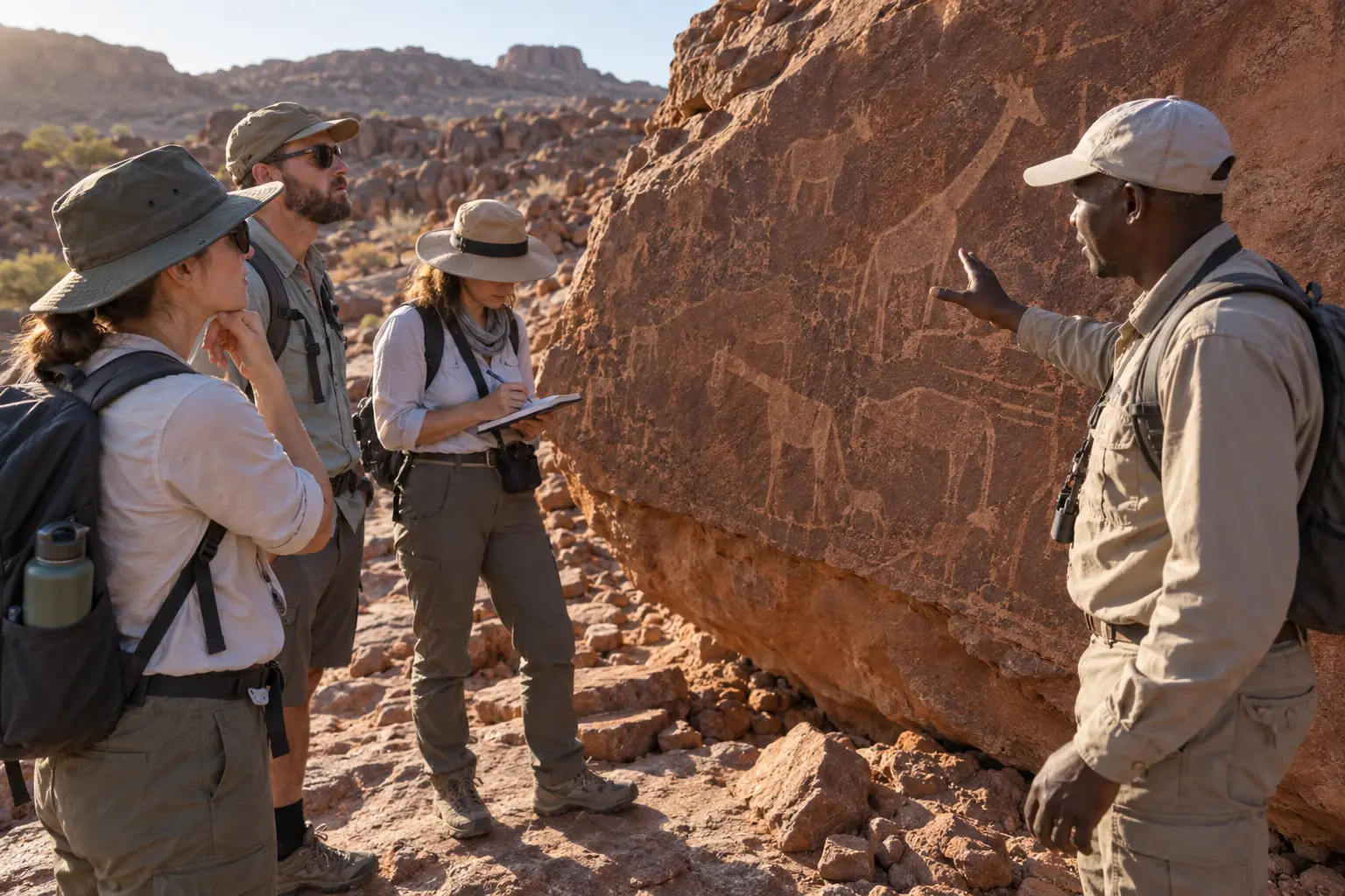 Guide local expliquant des gravures rupestres dans le Damaraland à un petit groupe de voyageurs attentifs
