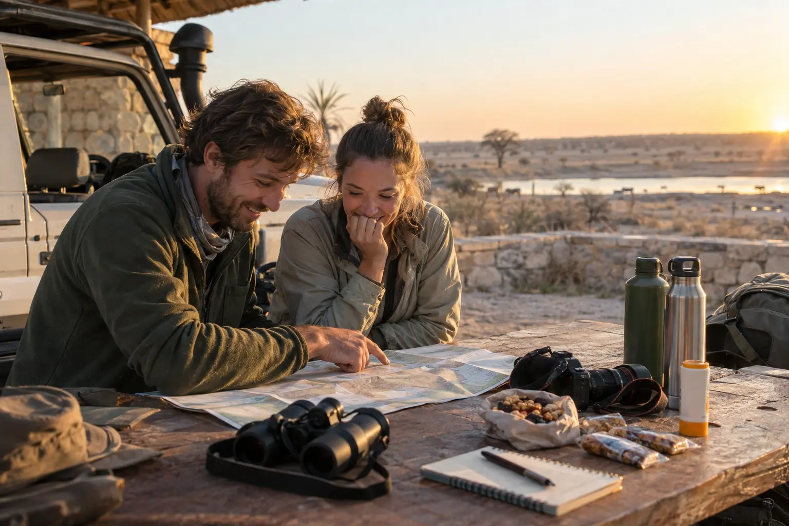 Deux voyageurs penchés sur une carte, à une table en pierre au lever du jour, avec jumelles, gourdes, appareil photo, crème solaire, collations et carnet ; un 4x4 garé à côté