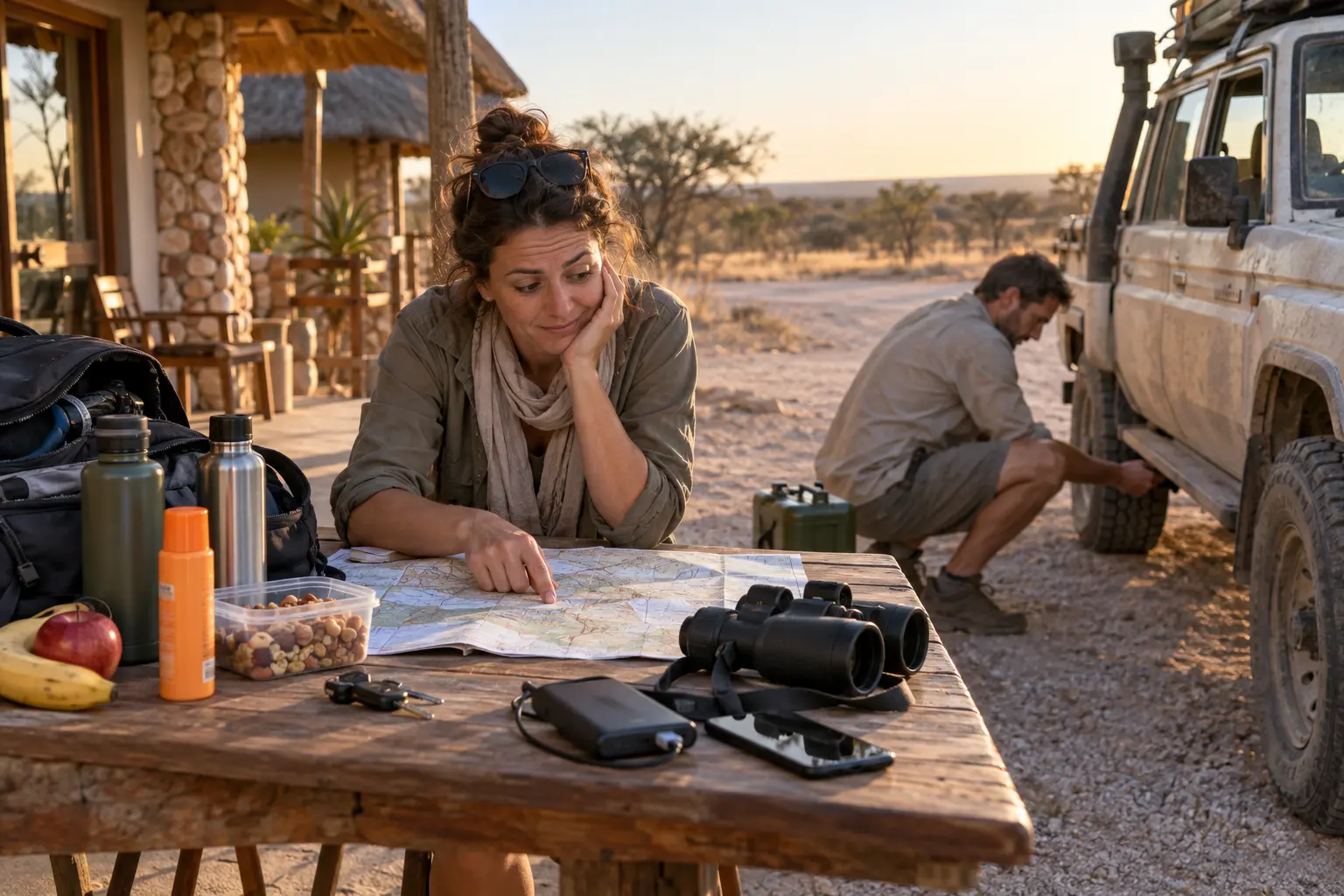 Illustration : préparation matinale d'un véhicule avant une journée de safari, avec carte, gourdes, jumelles et sac ouvert
