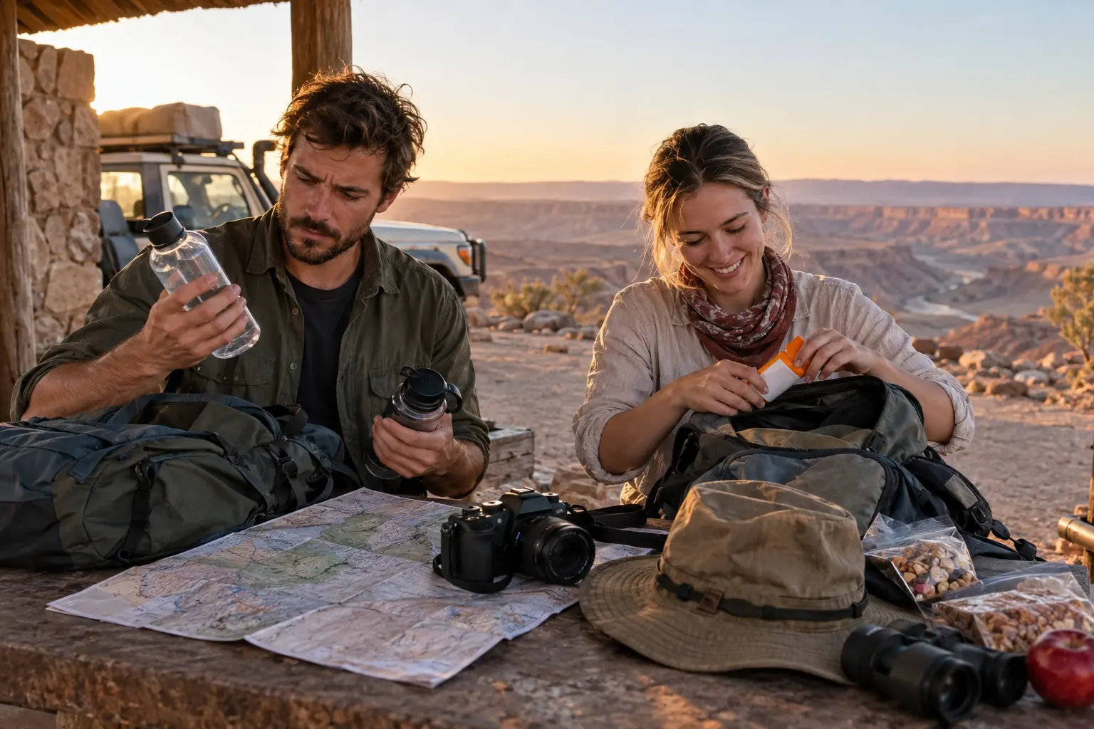 Deux voyageurs préparent eau, carte, appareil photo et sac avant une visite matinale du Fish River Canyon
