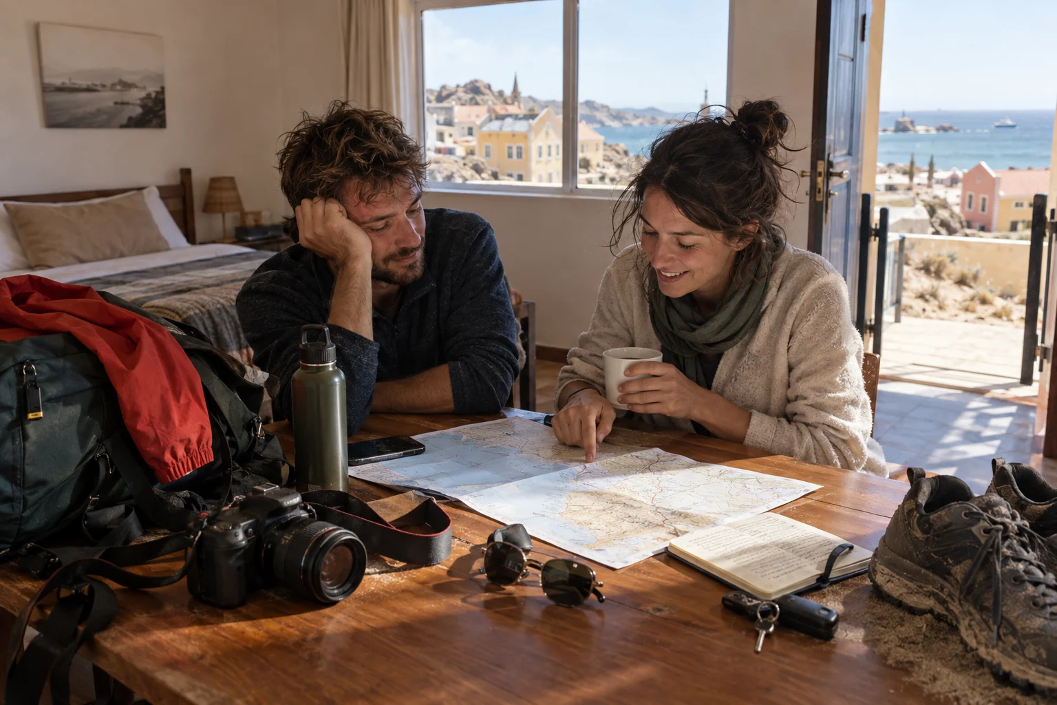 Voyageurs préparant leur première soirée à Lüderitz avec carte, appareil photo et sac de voyage sur une table