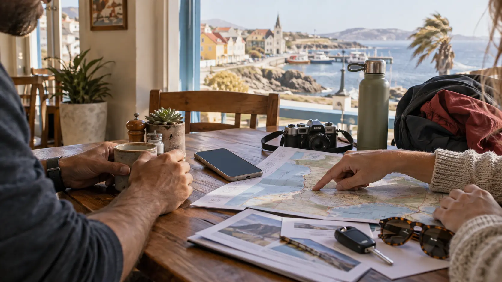 Carnet, carte, clés de voiture et confirmation de réservation sur une table à Lüderitz
