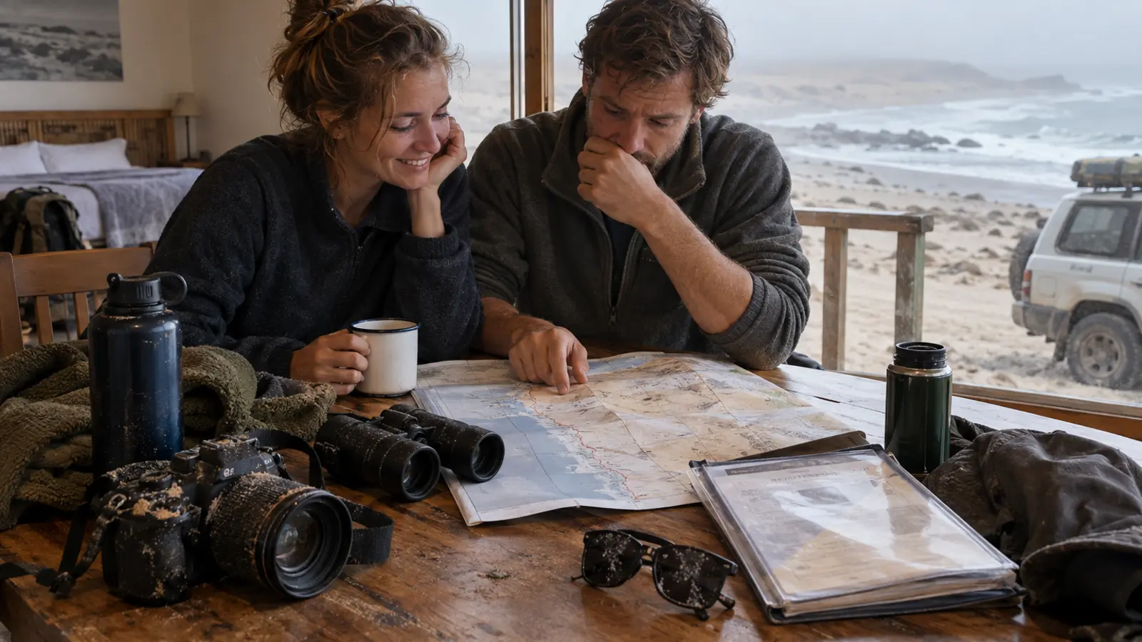 Voyageurs préparant leur route sur la Skeleton Coast avec carte, appareil photo, vêtements chauds et matériel de route posés sur une table