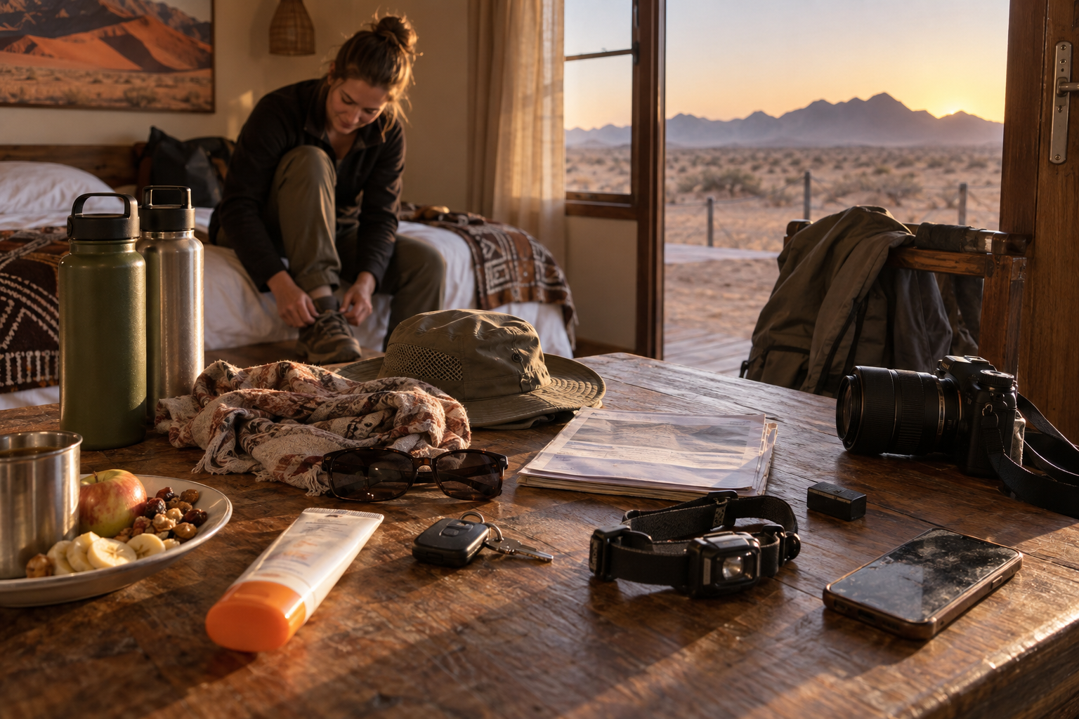 Table de départ avant l'aube près de Sesriem avec gourdes, chapeau, lampe frontale, clés et sac photo pour préparer Sossusvlei