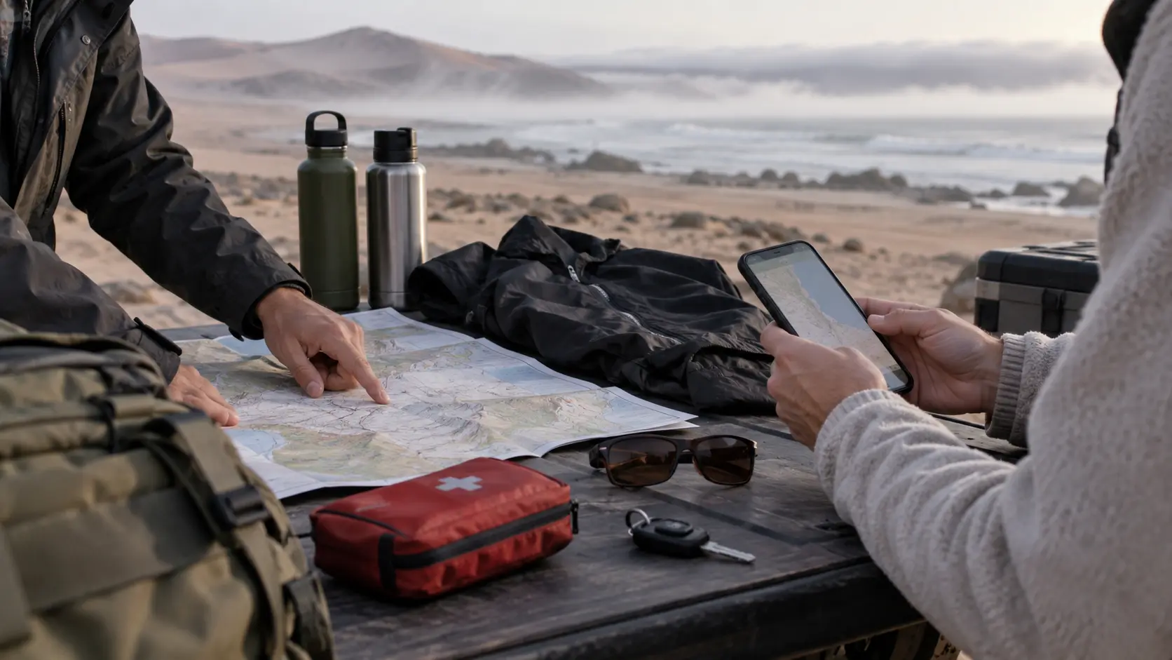 Préparation d'une sortie sur la Skeleton Coast avec carte, eau, veste coupe-vent, trousse de secours et téléphone hors ligne