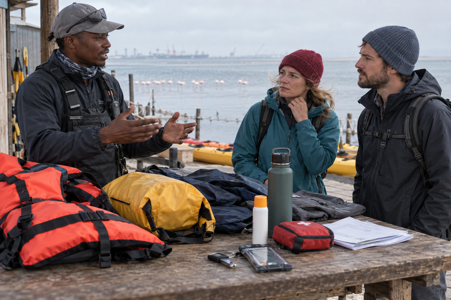 Briefing sécurité avant une activité à Walvis Bay avec gilets, sac étanche, coupe-vent et voyageurs attentifs près de la lagune