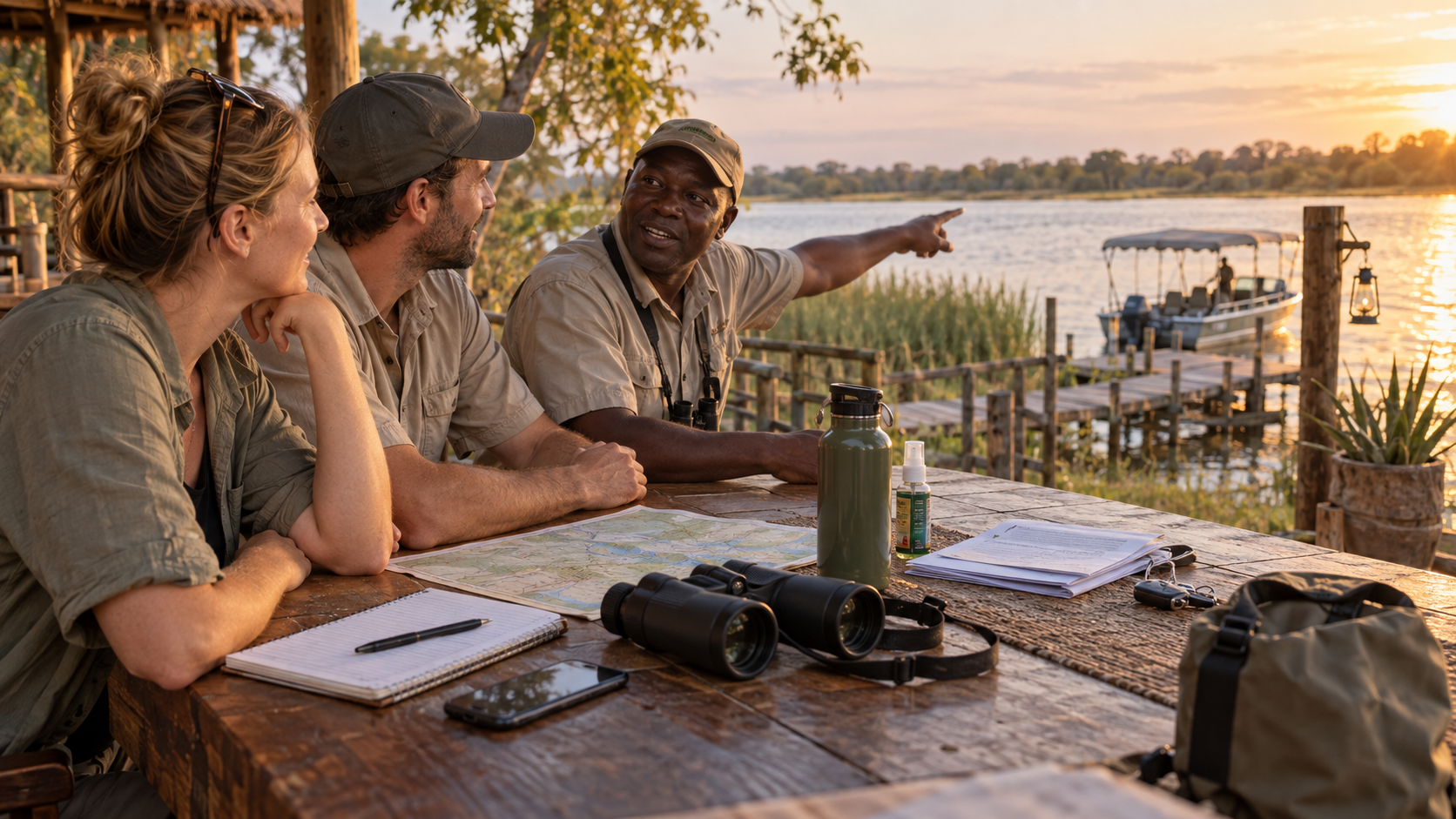 Discussion avec un prestataire local au bord de la rivière dans la région du Zambezi avec carnet, jumelles, sac et bateau en arrière-plan