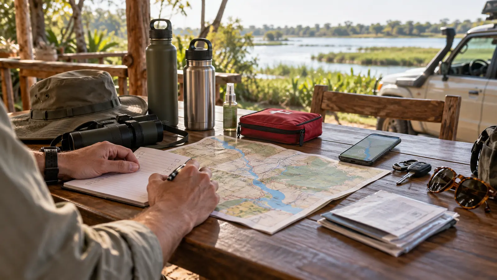 Préparation d'une journée dans le Zambezi avec carte, eau, trousse de secours, téléphone et 4x4 près d'une rivière