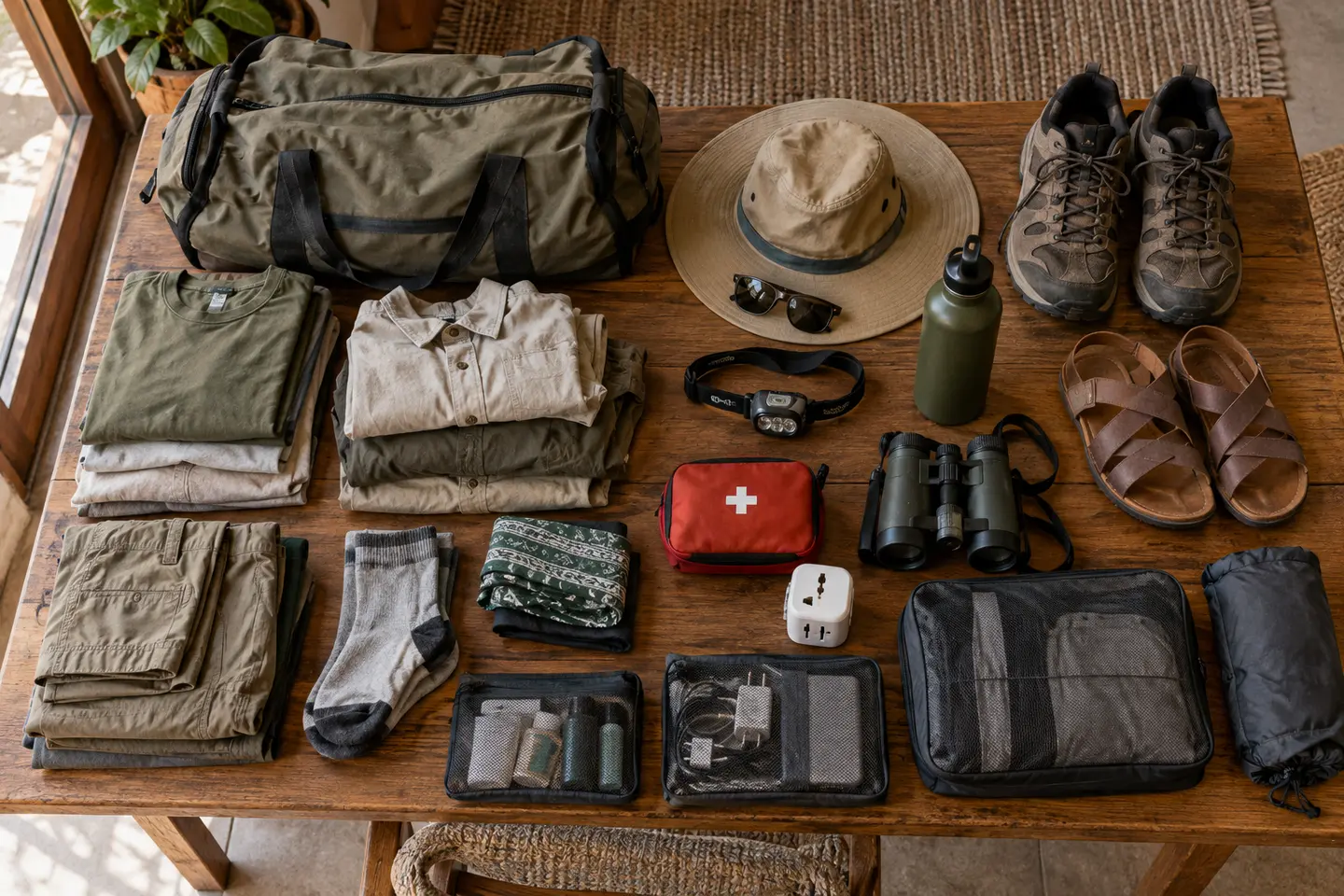 Weiche Reisetasche, gefaltete Kleidung, Schuhe, Sandalen, Stirnlampe, Fernglas, Trinkflasche, Erste-Hilfe-Set und Packbeutel auf einem Tisch ausgebreitet.