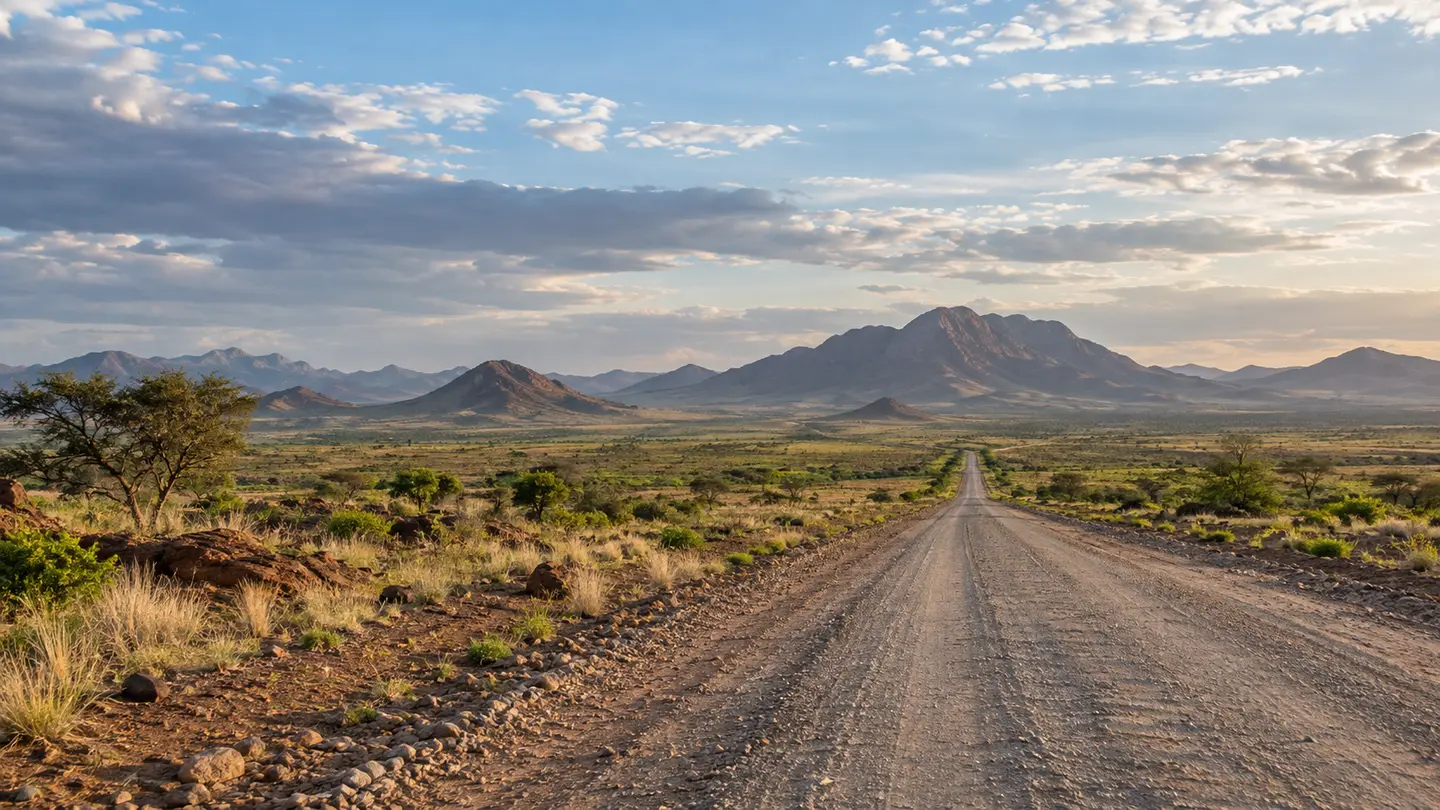 Long gravel road between dry grass and green bushes, with mountains on the horizon under a cloudy sky.