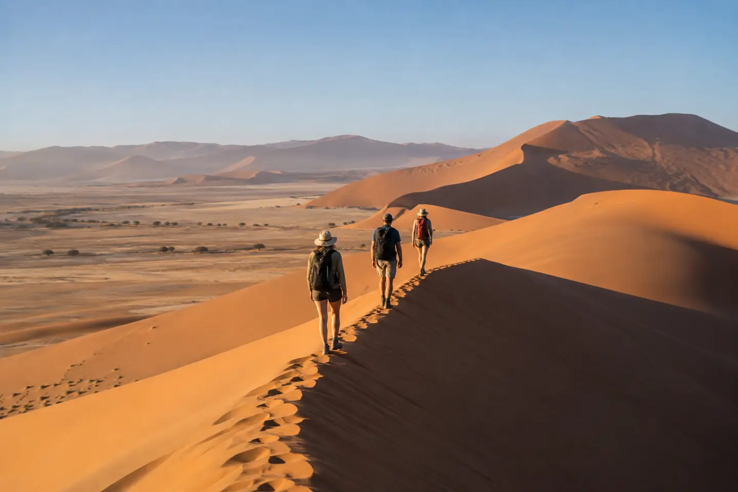 Trois voyageurs marchant sur une crête de dune dans le Namib