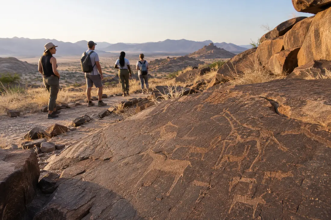 Gravures rupestres observées à distance sur un site protégé du Damaraland