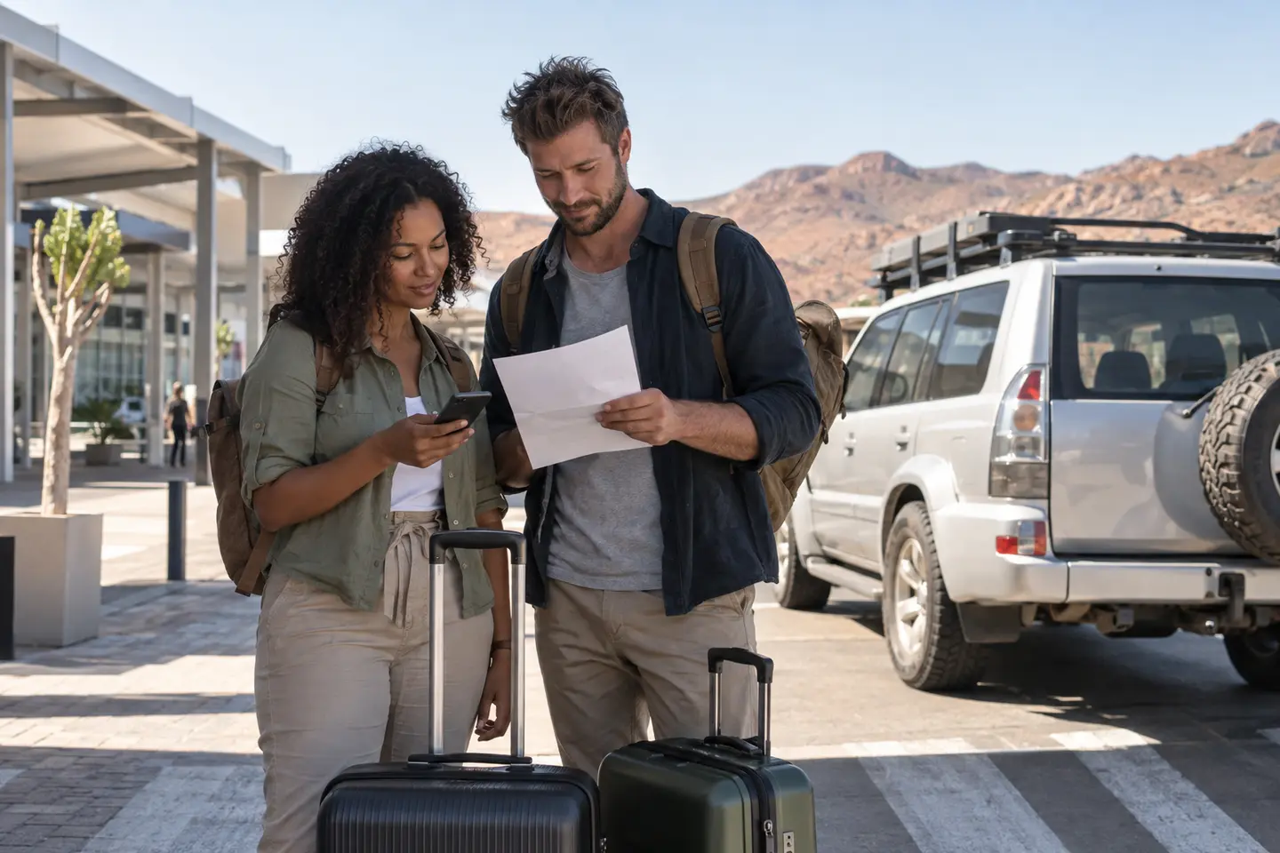 Two travellers outside an airport terminal compare a printed confirmation with a phone, suitcases on the ground, next to a parked 4x4