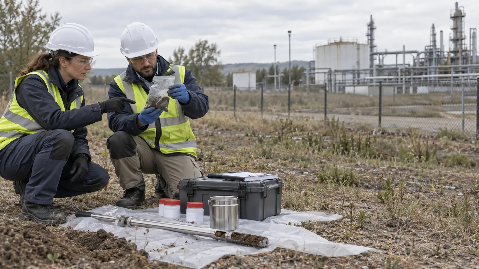 Ingénieure et technicien examinant un prélèvement de sol sur un terrain industriel