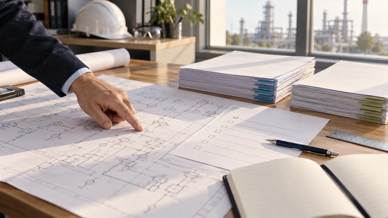 Examen d’un plan technique avec deux dossiers distincts sur une table de travail