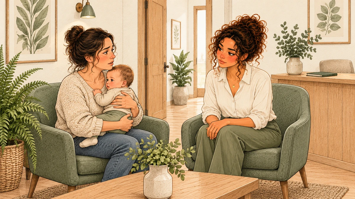 Sarah écoute les questions d’une mère tenant son bébé, sans examen ni geste de soin.