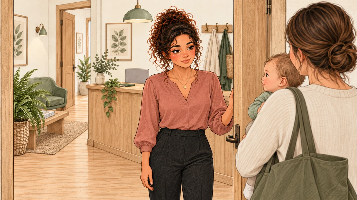 Sarah accueille un parent et son nourrisson à l’entrée du cabinet.