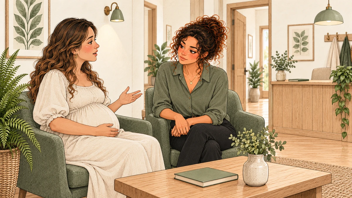 Sarah écoute les questions d’une femme enceinte dans un espace de discussion.